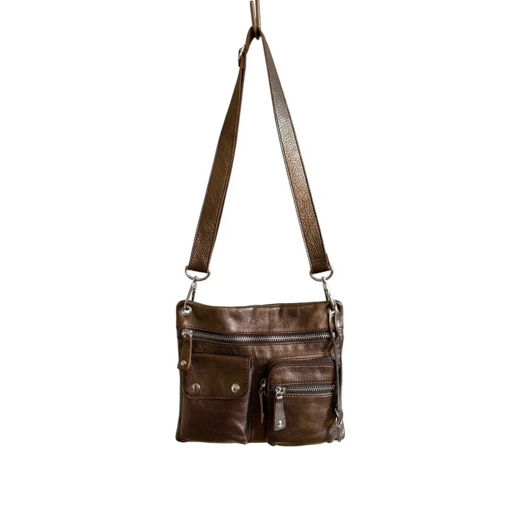 Fossil Sutter Bronze Metallic Leather Crossbody Bag Utility Cargo Messenger